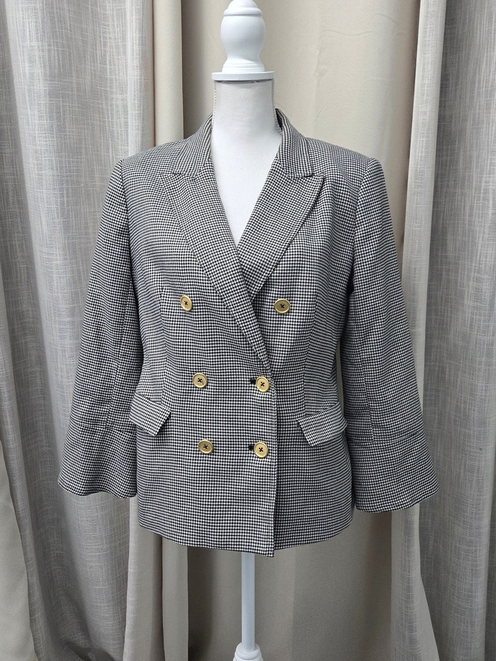 Donna Karan Houndstooth Double-Breasted Blazer M Dark Academia Quiet Luxury